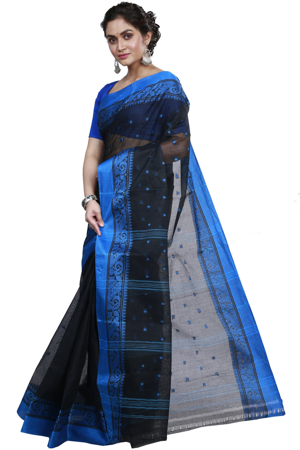 Naby Blue Pure Cotton Sorbori Tant Saree (858)